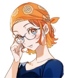 Rule 34 | 1girl, adjusting eyewear, bandana, blue eyes, blue shirt, closed mouth, collarbone, commentary request, eyelashes, floral print, glasses, hand up, highres, light blush, looking at viewer, nami (one piece), one piece, one piece (live action), orange bandana, orange hair, print bandana, shirt, short hair, single sidelock, solo, sunflower print, upper body, ususmomo, white background