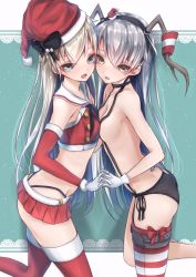 Rule 34 | 10s, 2girls, :d, absurdres, akikan (10552397), alternate costume, alternate hairstyle, amatsukaze (kancolle), antlers, ass, bare legs, black bow, black panties, black ribbon, blonde hair, blue eyes, blush, bow, breast press, breasts, brown eyes, choker, collarbone, crop top, from side, gloves, green background, hairband, hand on another&#039;s ass, hat, hat bow, hat ornament, highres, horns, kantai collection, leaning forward, leg up, long hair, looking at viewer, looking to the side, mini hat, miniskirt, multiple girls, open mouth, panties, pleated skirt, red hat, red legwear, red skirt, ribbon, santa hat, shimakaze (kancolle), side-tie panties, sideboob, simple background, single thighhigh, skirt, small breasts, smile, standing, standing on one leg, striped clothes, striped legwear, striped thighhighs, suspenders, symmetrical docking, thighhighs, topless, tsurime, underwear, underwear only, very long hair, white gloves, zettai ryouiki