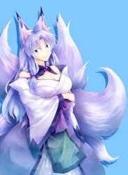Rule 34 | 1girl, animal ears, bare shoulders, blue background, breasts, cleavage, fox, fox ears, fox tail, green eyes, hand on own chest, highres, japanese clothes, kikyou (sakuragi rian), kitsune, large breasts, light purple hair, light smile, long hair, looking at viewer, multiple tails, off shoulder, original, sakuragi rian, simple background, solo, tail
