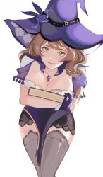 Rule 34 | 1girl, bent over, book, breasts, brown hair, cleavage, commentary, dress, english commentary, genshin impact, green eyes, hat, highres, holding, holding book, large breasts, light blush, lisa (genshin impact), long hair, looking at viewer, purple dress, purple hat, smile, solo, sumi (suumiko ), thighhighs, white background, witch hat