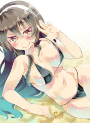 Rule 34 | 10s, 1girl, artist name, ashigara (kancolle), bikini, blush, breasts, brown eyes, brown hair, cleavage, fang, fang out, gradient background, groin, hairband, highres, imu sanjo, kantai collection, long hair, lying, navel, on side, signature, smile, solo, swimsuit, wavy mouth