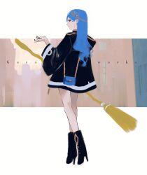Rule 34 | 1girl, bare legs, black footwear, black jacket, black nails, blue bag, blue hair, boots, broom, chain, chain headband, closed mouth, commentary, from behind, full body, gold chain, goroku, hair behind ear, hand up, high heel boots, high heels, highres, holding, holding broom, jacket, long hair, long sleeves, looking at viewer, looking back, original, profile, red eyes, solo, standing, thighs, white background, wide sleeves, zipper pull tab