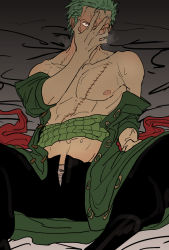 Rule 34 | 1boy, bed, blush, unworn clothes, green hair, hand on own chest, haramaki, implied yaoi, looking at viewer, male focus, muscular, muscular male, nekome3, one piece, roronoa zoro, scar, scar on chest, solo