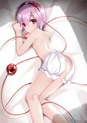 Rule 34 | 1girl, absurdres, bed sheet, black hairband, bloomers, closed mouth, expressionless, eyeball, feet out of frame, from behind, hair between eyes, hair ornament, hairband, heart, heart hair ornament, highres, indoors, komeiji satori, looking at viewer, looking back, lying, mantou xiang, messy hair, no bra, on side, purple eyes, purple hair, red eyes, revealing clothes, short hair, solo, third eye, topless, touhou, underwear, underwear only, white bloomers