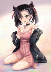 Rule 34 | 1girl, asymmetrical bangs, bare legs, bare shoulders, black choker, black hair, black jacket, blush, breasts, choker, cleavage, clothes pull, creatures (company), dress, dress pull, earrings, embarrassed, game freak, green eyes, hair ribbon, highres, jacket, jewelry, kneeling, legs, marnie (pokemon), medium hair, nintendo, off shoulder, open mouth, pendant, pendant choker, pink dress, pokemon, pokemon swsh, r-binon, red ribbon, ribbon, short dress, simple background, small breasts, solo, strap slip, sweat, thighs, twintails, two side up