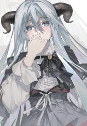 Rule 34 | 1girl, black bow, black bowtie, black capelet, black horns, black pants, blue eyes, blue hair, boku no ashiato kimi no yukusaki (project sekai), bow, bowtie, buttons, capelet, commentary, covering own mouth, curled horns, hair between eyes, hand over own mouth, high-waist pants, highres, horns, long hair, long sleeves, pants, project sekai, pskamoo, puffy long sleeves, puffy sleeves, ribbon, shirt, sidelocks, solo, very long hair, white ribbon, white shirt, yoisaki kanade
