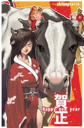 Rule 34 | 1girl, 2021, animal, animal ears, black eyes, black hair, breasts, chinese zodiac, commentary request, cow, cow ears, cow girl, cow horns, fingernails, hair over one eye, happy new year, highres, horn ornament, horns, japanese clothes, kimono, long hair, looking at viewer, medium breasts, nail polish, nengajou, new year, nose, nose piercing, nose ring, obi, original, petting, piercing, red kimono, red nails, sash, size difference, skinnytorch, standing, year of the ox
