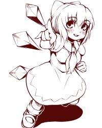 Rule 34 | 1girl, :d, blush, bow, cirno, detached wings, dress, full body, greyscale, hair bow, haseru (ginku mh), highres, ice, ice wings, index finger raised, looking at viewer, monochrome, open mouth, shoes, short hair, simple background, smile, touhou, wings