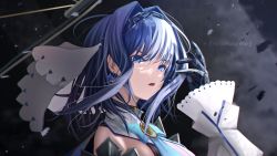Rule 34 | 1girl, black gloves, blue bow, blue eyes, blue hair, bow, bow earrings, breasts, chain, commentary, detached sleeves, earrings, english commentary, english text, floating hair, from side, gloves, hair behind ear, hair intakes, highres, hololive, hololive english, jewelry, kayjae, large breasts, looking at viewer, open mouth, ouro kronii, short hair, solo, virtual youtuber