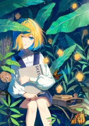 Rule 34 | 1girl, absurdres, bag, blonde hair, blue eyes, blue hair, blue skirt, book, bug, butterfly, crying, crying with eyes open, flower, highres, holding, holding paintbrush, insect, legs, log, long sleeves, looking to the side, multicolored hair, nature, original, paintbrush, plant, puffy sleeves, shi-ro, shirt, sign, sitting, sketchbook, skirt, solo, strap, tears, tree, warning sign, water, water drop, white shirt