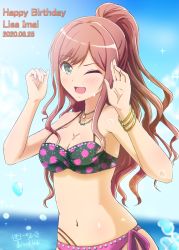 Rule 34 | 1girl, artist name, bang dream!, bikini, black bikini, blue sky, blurry, blurry background, bracelet, breasts, brown hair, character name, cleavage, cloud, cloudy sky, commentary request, dated, day, diesel-turbo, green eyes, halterneck, happy birthday, highres, horizon, imai lisa, jewelry, long hair, looking at viewer, medium breasts, multi-strapped bikini, navel, necklace, ocean, one eye closed, open mouth, outdoors, partial commentary, ponytail, print bikini, side-tie bikini bottom, signature, sky, smile, solo, swimsuit, water drop, wet
