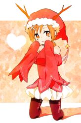 Rule 34 | 10s, 1girl, alternate costume, antlers, bad id, bad pixiv id, bare shoulders, bell, christmas, dress, fake antlers, fur trim, hair ornament, hat, highres, hino akane (smile precure!), horns, jingle bell, lacolon, matching hair/eyes, off-shoulder dress, off shoulder, orange eyes, orange hair, pantyhose, precure, red dress, reindeer antlers, santa hat, smile, smile precure!, solo, tareme, x hair ornament