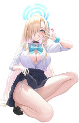 Rule 34 | 1girl, aqua eyes, asuna (blue archive), black choker, blonde hair, blue archive, blue bow, blue bowtie, blush, bow, bowtie, breasts, choker, cleavage, clothes lift, hair ornament, hair over one eye, halo, highres, kneeling, large breasts, lifted by self, light brown hair, long hair, looking at viewer, melt (melt out1), mole, mole on breast, no bra, open clothes, open shirt, panties, side-tie panties, simple background, skirt, skirt lift, smile, solo, string panties, traditional bowtie, underwear, v, white background, white panties