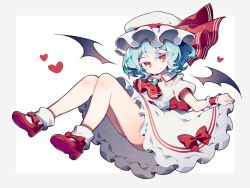 Rule 34 | 1girl, ascot, asp@juken, bad id, bad twitter id, bat wings, blue hair, border, bow, closed mouth, dress, footwear bow, full body, grey border, hat, hat ribbon, heart, high heels, holding, holding clothes, holding dress, looking at viewer, mob cap, puffy short sleeves, puffy sleeves, red ascot, red bow, red eyes, red footwear, red ribbon, remilia scarlet, ribbon, short hair, short sleeves, simple background, smile, solo, touhou, v-shaped eyebrows, white background, white dress, white hat, white legwear, wings, wrist cuffs