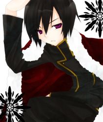 Rule 34 | 00s, 1boy, arm up, black hair, black pants, cape, closed mouth, code geass, expressionless, fur-trimmed cape, fur trim, hair between eyes, hand on own head, kanzaki natsume, leaning forward, lelouch vi britannia, long sleeves, looking at viewer, male focus, pants, pink eyes, red cape, school uniform, simple background, sitting, solo, uniform, white background