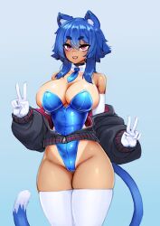 Rule 34 | 1girl, :d, animal ear fluff, animal ears, barbariank, bare shoulders, black choker, black jacket, blue background, blue hair, blue leotard, blue necktie, borrowed character, breasts, cat ears, cat girl, cat tail, choker, commentary, cowboy shot, detached collar, double v, elbow gloves, english commentary, freckles, gift art, gloves, hair between eyes, highleg, highleg leotard, highres, jacket, kittysuit, large breasts, leotard, long sleeves, looking at viewer, medium hair, necktie, nontraditional playboy bunny, off shoulder, one-piece tan, open clothes, open jacket, open mouth, original, partially unzipped, pink eyes, puffy long sleeves, puffy sleeves, sharp teeth, short necktie, simple background, skindentation, slit pupils, smile, solo, strapless, strapless leotard, tail, tan, tanline, teeth, thick eyebrows, thighs, v, white gloves, xiao (doce), zipper pull tab
