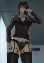 Rule 34 | 1girl, absurdres, bad proportions, black hair, black pants, black shirt, black thighhighs, blood, blood on face, blood on leg, blurry, blurry background, breasts, clenched hand, fax61209, garter belt, hand up, highres, indoors, jormungand (manga), karen low, long sleeves, looking at viewer, medium breasts, medium hair, pants, shirt, standing, thighhighs, thighs