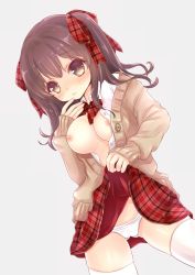 Rule 34 | 1girl, blush, bow, breasts, brown eyes, brown hair, cardigan, clothes lift, dress shirt, hair ribbon, highres, jill (g), long hair, nipples, open cardigan, open clothes, open shirt, original, panties, plaid, plaid skirt, ribbon, school uniform, shirt, skirt, skirt lift, solo, thighhighs, twintails, underwear, upskirt, white background, white panties, white thighhighs