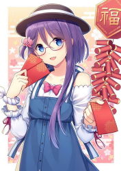 Rule 34 | 1girl, :d, bad id, bad pixiv id, bare shoulders, black hat, blue dress, blue eyes, blush, bow, bowtie, card, collarbone, dress, egasumi, fedora, floral background, foreshortening, fucheng girls, glasses, hair ornament, hat, head tilt, hitsuki rei, holding, holding card, looking at viewer, off-shoulder shirt, off shoulder, open mouth, pinafore dress, pink bow, pink bowtie, purple hair, red-framed eyewear, red ribbon, ribbon, shirt, short hair with long locks, single sidelock, sleeveless, sleeveless dress, smile, solo, upper body, wind chime, wristband, xiaoman (fucheng girls)