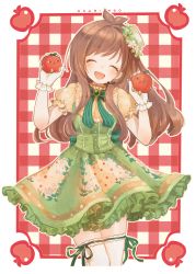 Rule 34 | 1girl, ^ ^, ^o^, absurdres, antenna hair, apple print, blush, bow, bowtie, brown hair, closed eyes, dress, earrings, frilled sleeves, frills, gloves, green dress, hat, headset, highres, idolmaster, idolmaster cinderella girls, idolmaster cinderella girls starlight stage, jewelry, koedo, lace, lace-trimmed dress, lace-trimmed gloves, lace-trimmed skirt, lace trim, long hair, plaid, plaid background, ribbon, ribbon trim, ringorou (idolmaster), short sleeves, skirt, smile, solo, tsujino akari