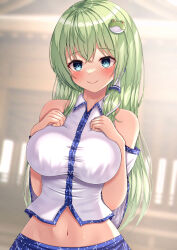 Rule 34 | 1girl, bare shoulders, blue eyes, blue skirt, blush, breasts, closed mouth, detached sleeves, frog hair ornament, green hair, hair between eyes, hair ornament, hair tubes, highres, japanese clothes, kochiya sanae, large breasts, long hair, navel, nontraditional miko, reijing etrn, skirt, smile, snake hair ornament, solo, touhou, upper body, white sleeves, wide sleeves