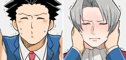 Rule 34 | 2boys, ace attorney, arako, black hair, blush, closed eyes, formal, grey hair, hair slicked back, hands on another&#039;s cheeks, hands on another&#039;s face, imminent kiss, male focus, miles edgeworth, multiple boys, necktie, panels, parted bangs, phoenix wright, suit, trembling, yaoi