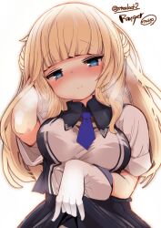 Rule 34 | 1girl, blonde hair, blue eyes, blue necktie, blue skirt, blunt bangs, blush, braid, character name, clothes lift, double bun, gloves, hair bun, heavy breathing, highres, kantai collection, necktie, nijou katame, nose blush, one-hour drawing challenge, out-of-frame censoring, ranger (kancolle), side braids, simple background, skirt, skirt lift, solo, steam, twitter username, two-tone shirt, upper body, white background, white gloves