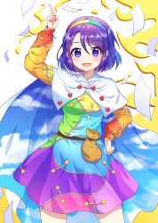 Rule 34 | 1girl, :d, arm up, blush, breasts, cape, contrapposto, dress, feet out of frame, hairband, highres, index finger raised, kaoling, looking at viewer, medium breasts, multicolored clothes, multicolored dress, open mouth, purple eyes, purple hair, rainbow gradient, short hair, simple background, smile, solo, tenkyuu chimata, touhou, white background, white cape