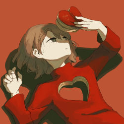 Rule 34 | 1other, absurdres, androgynous, avogado6, brown hair, commentary request, freckles, grey eyes, hands up, heart out of chest, highres, hole in chest, hole on body, long sleeves, lying, medium hair, on back, orange background, original, parted lips, red shirt, shirt, simple background, solo
