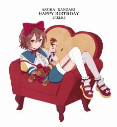 Rule 34 | 1girl, ankle cuffs, armchair, asuka kanzaki, beads, blue capelet, bow, bowtie, braid, brown eyes, brown hair, capelet, chair, closed mouth, cupcake, dot nose, dress, english text, expressionless, food, frilled capelet, frilled cuffs, frilled dress, frills, full body, garter straps, hair between eyes, hair bobbles, hair bow, hair ornament, happy birthday, highres, holding, holding food, kneehighs, knees up, ksrgiing, looking at viewer, mary janes, nail polish, original, reclining, red bow, red bowtie, red footwear, red nails, shirt, shoes, short hair, short sleeves, side braid, simple background, single braid, sitting, socks, solo, stuffed animal, stuffed toy, teddy bear, thighs, white background, white shirt, white socks, wrist cuffs, yellow footwear