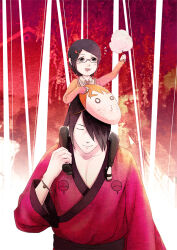 Rule 34 | 1boy, 1girl, aged down, black hair, boruto: naruto next generations, bracelet, collarbone, cotton candy, covering one eye, father and daughter, food, glasses, hair ornament, holding, holding another&#039;s leg, holding food, japanese clothes, jewelry, kimono, long sleeves, mask, mask on head, naruto (series), red background, saltfish white, short hair, smile, uchiha sarada, uchiha sasuke, uchiha symbol, wide sleeves