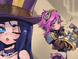 Rule 34 | 2girls, ;o, bare shoulders, black hair, black pants, brown background, brown jacket, caitlyn (league of legends), choker, cropped jacket, frilled choker, frills, gauntlets, goggles, goggles on head, hat, jacket, league of legends, long hair, looking at another, looking at viewer, medium hair, multiple girls, musical note, one eye closed, pants, phantom ix row, pink eyes, pink hair, purple choker, purple headwear, shoulder plates, top hat, vi (league of legends), whistle