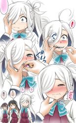 Rule 34 | !, 3girls, ?, ahoge, asashimo (kancolle), black eyes, black hair, blue neckwear, blush, bow, bowtie, brown hair, closed eyes, closed mouth, drooling, drugs, ebifly, feeding, force-feeding, forced, glasses, green eyes, hair over one eye, kantai collection, long hair, long sleeves, multicolored hair, multiple girls, multiple views, naganami (kancolle), okinami (kancolle), open mouth, pill, pink hair, ponytail, saliva, school uniform, sharp teeth, short hair, silver hair, swallowing, sweat, tears, teeth, tongue, translation request, two-tone hair, wavy hair