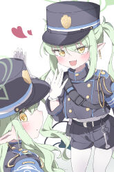 Rule 34 | 2girls, absurdres, belt, black belt, black hat, black jacket, black shorts, black tail, blue archive, blush, buttons, demon tail, double-breasted, earrings, fang, gloves, green hair, green halo, halo, hat, heart, hikari (blue archive), nozomi (blue archive), highres, jacket, jewelry, long hair, long sleeves, multiple girls, natsukari na, open mouth, pantyhose, peaked cap, pointy ears, shorts, sidelocks, skin fang, smile, tail, twintails, white gloves, white pantyhose, yellow eyes