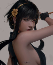 Rule 34 | 1girl, absurdres, armpits, artist name, bare shoulders, black dress, black hair, blood, blurry, breasts, dagger, depth of field, dress, earrings, fingerless gloves, flower, gloves, gold earrings, gold hairband, hair flower, hair ornament, hairband, headband, highres, holding, holding dagger, holding knife, holding weapon, jewelry, knife, lips, looking at viewer, medium breasts, nose, parted lips, red eyes, short hair with long locks, sideboob, sidelocks, solo, spy x family, standing, stiletto (weapon), teeth, weapon, yor briar, zed (trungbui42)