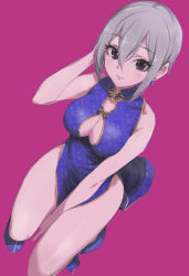 Rule 34 | 1girl, absurdres, bare arms, bare shoulders, between legs, blue dress, blue footwear, breasts, cleavage, cleavage cutout, closed mouth, clothing cutout, commentary request, dress, earrings, full body, grey hair, hair between eyes, hand between legs, highres, idolmaster, idolmaster cinderella girls, jewelry, medium breasts, pizzasi, purple background, purple eyes, shiomi syuko, shoes, simple background, sleeveless, sleeveless dress, smile, solo
