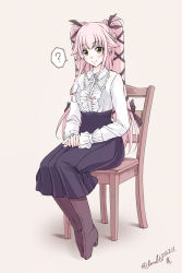 Rule 34 | 10s, 1girl, 2015, ?, alternate costume, alternate hairstyle, blush, boots, chair, dated, dress, full body, green eyes, hair flaps, hair ornament, hair ribbon, highres, kantai collection, knee boots, long hair, long sleeves, looking at viewer, meme attire, pink hair, ponytail, ribbon, shirt, simple background, sitting, skirt, smile, solo, speech bubble, spoken question mark, tsukineko, twintails, twitter username, two side up, very long hair, virgin killer outfit, yura (kancolle)