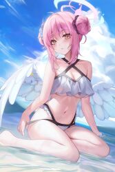 Rule 34 | 1girl, 1yu x, alternate hairstyle, angel wings, arms at sides, blue archive, cloud, cloudy sky, halo, highres, looking at viewer, medium hair, mika (blue archive), pink hair, sky, solo, white wings, wings, yellow eyes