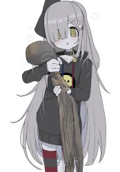 Rule 34 | 1girl, @ @, animal, animal collar, animal ears, animal hands, black bow, black hoodie, blush, bow, chestnut mouth, collar, collarbone, dog ears, feet out of frame, fewer digits, floppy ears, hair bow, hair ornament, hair over one eye, heavy breathing, highres, holding, holding animal, hood, hood down, hoodie, long hair, long sleeves, looking at animal, octopus, open mouth, original, oyasu miyo, print hoodie, rabbit hair ornament, simple background, single thighhigh, slime (substance), smiley face, solo, standing, striped clothes, striped thighhighs, thighhighs, v-shaped eyebrows, vreparty, white background, yellow eyes