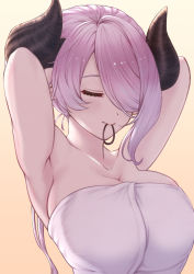 Rule 34 | 1girl, armpits, arms behind head, arms up, breasts, cleavage, closed eyes, closed mouth, commentary request, draph, eyelashes, flower, gradient background, granblue fantasy, hair flower, hair ornament, hair tie, highres, horns, large breasts, mouth hold, naked towel, narmaya (granblue fantasy), pink hair, short hair, smile, solo, teriton, towel, upper body, yellow background