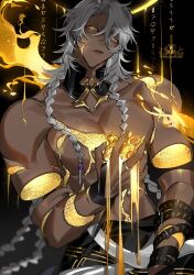Rule 34 | 1boy, abs, absurdres, braid, closed mouth, collarbone, commentary, dark skin, detached arm, english commentary, heart, heart (organ), highres, holding, holding heart, honkai: star rail, honkai (series), jewelry, looking at viewer, male focus, muscular, nanook (honkai: star rail), parted bangs, pectorals, ring, riu (mybloodynails), simple background, solo, topless, topless male, twitter username, upper body, white hair, yellow eyes