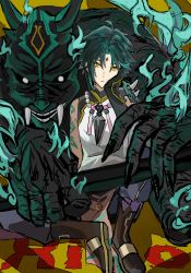 Rule 34 | 1boy, aqua hair, arm tattoo, armor, bead necklace, beads, character name, claws, closed mouth, demon, facial mark, fangs, fingernails, forehead mark, genshin impact, green hair, hand on own cheek, hand on own face, highres, horns, jewelry, long fingernails, male focus, monster, multicolored hair, necklace, sharp fingernails, sitting, spikes, tassel, tattoo, tourou 7, xiao (genshin impact), yellow eyes