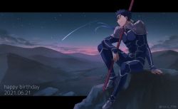 Rule 34 | 1boy, armor, beads, blue bodysuit, blue hair, bodysuit, closed mouth, cu chulainn (fate), cu chulainn (fate/stay night), dated, earrings, fate/stay night, fate (series), floating hair, full body, gae bolg (fate), grin, hair beads, hair ornament, highres, jewelry, long hair, male focus, muscular, muscular male, nora (nora f96), pauldrons, ponytail, red eyes, shooting star, shoulder armor, skin tight, smile, solo, spiked hair