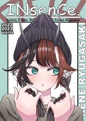 Rule 34 | 1girl, nanashi inc., absurdres, alternate costume, alternate hairstyle, beanie, black hair, blue eyes, braid, character name, commentary request, cover, demon girl, demon horns, ear chain, ear piercing, earbuds, earphones, fake magazine cover, grey shirt, hat, highres, horns, looking to the side, magazine cover, minyon, multicolored hair, open mouth, piercing, pointy ears, portrait, red hair, ryugasaki rene, shirt, short hair, solo, sugar lyric, twin braids, two-tone hair, virtual youtuber
