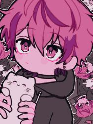 Rule 34 | 1boy, :|, animal, cat, chibi, chuchu lip, closed mouth, earrings, expressionless, hair between eyes, highres, holding, holding animal, holding cat, indie utaite, jewelry, nqrse, pink eyes, pink hair, pink theme, short hair, solo, stud earrings, utaite, white cat