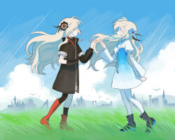 Rule 34 | 2girls, asymmetrical footwear, asymmetrical legwear, asymmetrical sleeves, black coat, black flower, black footwear, black gloves, black socks, blonde hair, blue eyes, blue flower, blue hair, blue sky, boots, castle, cloud, cloudy sky, coat, contrail, dress, dual persona, field, fingerless gloves, floating hair, flower, from side, full body, garlica, gloves, grass, hair flower, hair ornament, hair over eyes, hand up, heel up, high collar, highres, isekai joucho, juliet sleeves, kamitsubaki studio, knee boots, long hair, long sleeves, looking at another, multicolored hair, multiple girls, pantyhose, profile, puffy sleeves, reaching towards another, red footwear, red hair, short dress, shrug (clothing), simple bird, single knee boot, sky, skyline, socks, standing, streaked hair, uneven footwear, uneven legwear, uneven sleeves, virtual youtuber, white pantyhose, white sleeves, wide-eyed, wind
