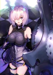 Rule 34 | 1girl, :o, absurdres, arm guards, armored leotard, bare shoulders, black leotard, black thighhighs, breasts, commentary request, elbow gloves, fate/grand order, fate (series), gloves, hair over one eye, highres, holding, holding shield, large breasts, leotard, lord camelot (fate), mash kyrielight, ninoude (ninoude44), open mouth, pink hair, pov, purple eyes, sheath, sheathed, shield, short hair, solo, sword, thigh strap, thighhighs, v-shaped eyebrows, vambraces, weapon