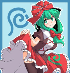 Rule 34 | 1girl, black thighhighs, blue background, bow, commission, cowboy shot, dairi, dress, frilled dress, frills, front ponytail, green eyes, green hair, hair bow, hair ribbon, kagiyama hina, lifted by self, looking at viewer, puffy short sleeves, puffy sleeves, red ribbon, ribbon, short sleeves, skeb commission, solo, thighhighs, touhou