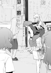 Rule 34 | 5girls, absurdres, ahoge, backpack, bag, bent over, bocchi the rock!, bottle, bow, bowtie, braid, cellphone, collared shirt, cube hair ornament, detached ahoge, dress, facing away, geta, gotoh hitori, greyscale, hair bobbles, hair ornament, hair over shoulder, hand on another&#039;s back, hand on wall, highres, hiroi kikuri, holding, holding bottle, holding phone, ijichi nijika, jacket, kita ikuyo, layered sleeves, letterman jacket, long hair, long sleeves, medium hair, monochrome, multiple girls, one side up, outdoors, parted bangs, parted lips, phone, pleated skirt, sadamatsu ryuuichi, shirt, shoes, short hair, short over long sleeves, short sleeves, side ponytail, skirt, smartphone, sneakers, sweatdrop, taking picture, track suit, utility pole, vomit, yamada ryo