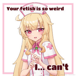 Rule 34 | 1girl, alternate language, artist request, blonde hair, blush, commentary, copyright notice, dress, english commentary, english text, flat chest, hat, highres, little witch nobeta, long hair, looking at viewer, nobeta, nurse, nurse cap, official art, open mouth, plus sign, red eyes, short sleeves, solo, upper body, white background, white dress, white hat